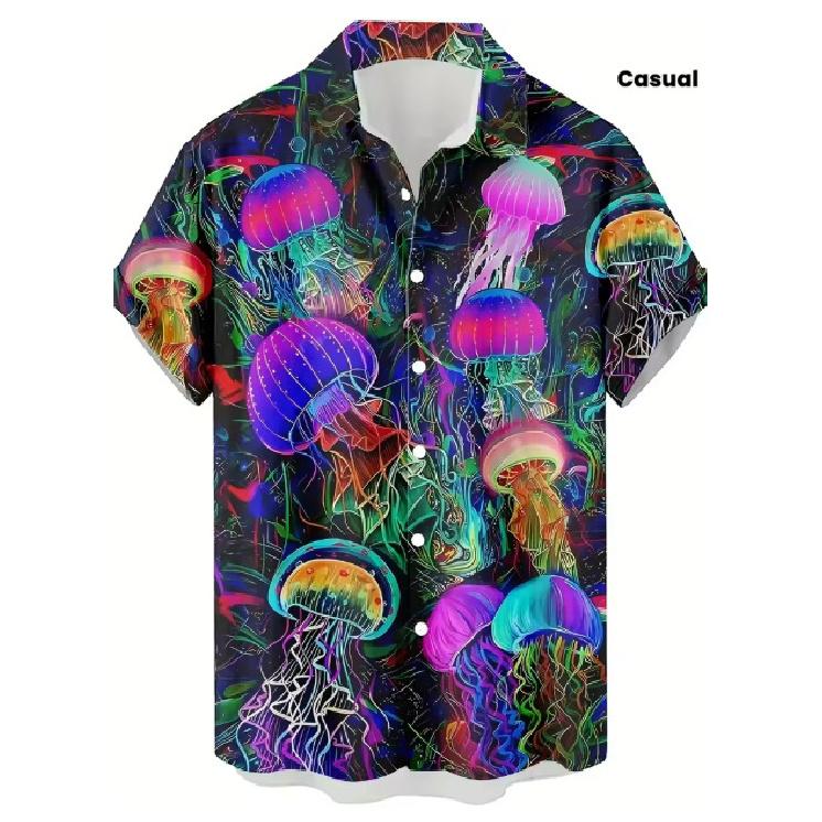 Men's Summer Short Sleeve Hawaiian Neon Shark Jellyfish Ocean Shirt