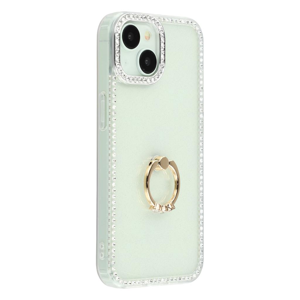 For iPhone 14/13 Case with Ring Kickstand Rhinestone Edge TPU+PC IMD Phone Cover