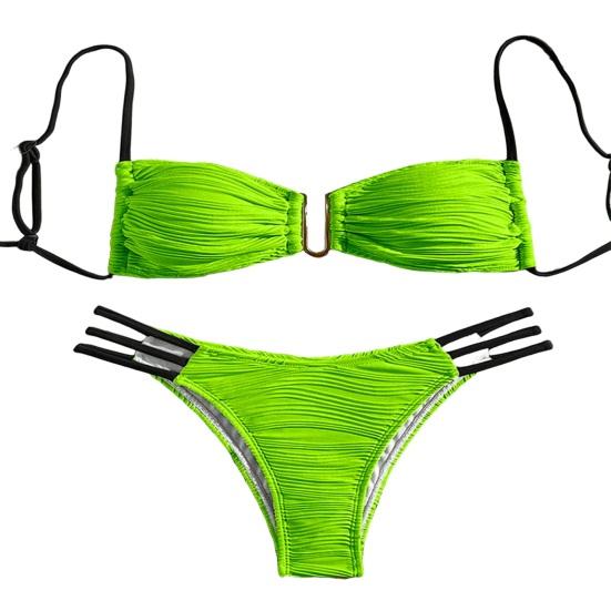 2Pcs/Set Women Bikini Set Sling Bandeau Padded Bra Wrinkle Texture Briefs Set Patchwork Color Split Swimsuit