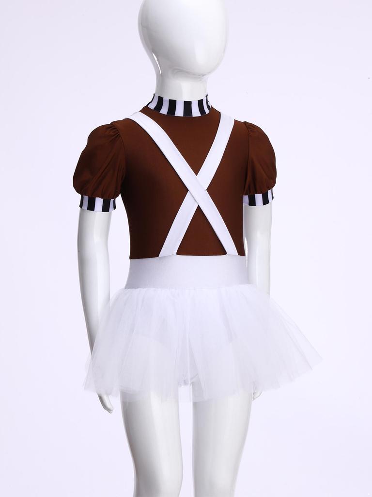 Kids Girls Chocolate Factory Worker Halloween Costume Mock Neck Short Stripe-Cuffed Sleeves Back Cut Puffy Built-In Crotch Press Buttons Dress Braces