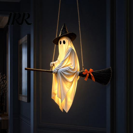 Playful Ghost Face Decoration Halloween Hanging Outdoor Decoration, Spooky LED Light Up Witch with Orange Bow Accents on Broom for Home, Tree, Porch,