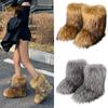 Women Faux Fur Boots Winter Fluffy Plush Warm Mid Calf Snow Boots Fashion Furry Boots Comfortable Outdoor Flat Shoes