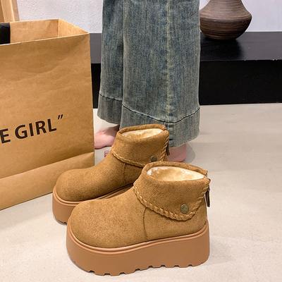 Кожаные ботинки на платформе, женские осенне-зимние новые бархатные ботинки с большой головой и хлебным носком, увеличивающие рост, короткие ботинки, теплые хлопковые ботинки