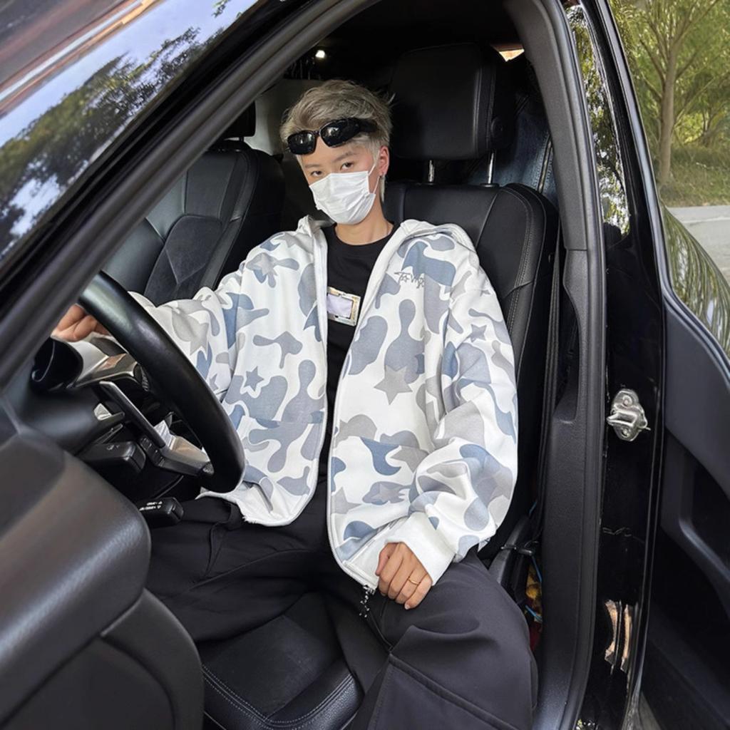 American Retro Double Hat Camouflage Hooded Sweater Men's and Women's Spring Zipper Cardigan Jacket