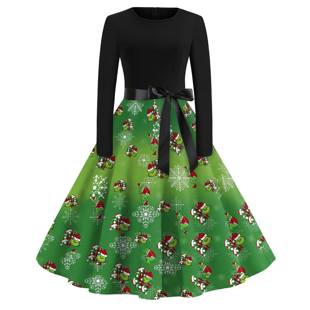 Женское повседневное рождественское платье с круглым вырезом и широкими рукавами, облегающее платье