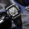 Senstone Men's Retro Punk Skull Tonneau Analog Skeleton Sports Watch with Luminous Rubber Strap and Silicone Band, Black, Casual.