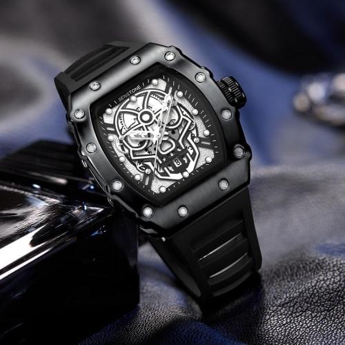 Senstone Men's Retro Punk Skull Tonneau Analog Skeleton Sports Watch with Luminous Rubber Strap and Silicone Band, Black, Casual.