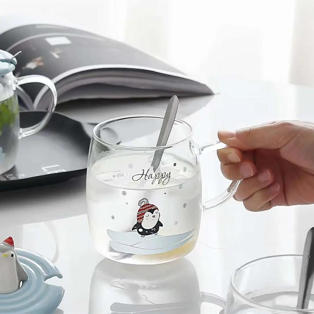 3D Lid Penguin Glass Mug With Spoon Mate Cup of Drinking Cute Mugs Coffee Cups Cup for Tea Glasses for Drinks Mugs Free Shipping
