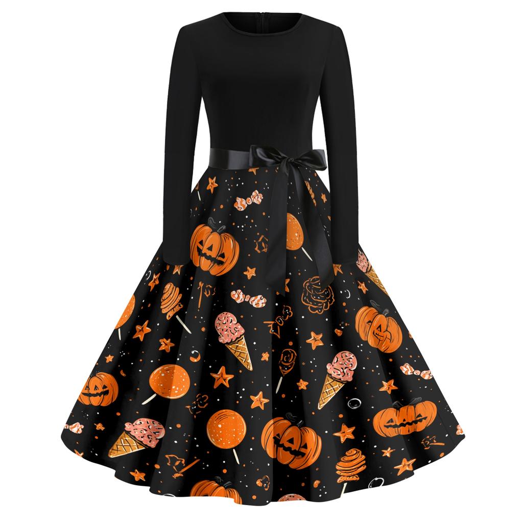 Women's Casual Fashion Round Neck Halloween Printed Vintage Dress