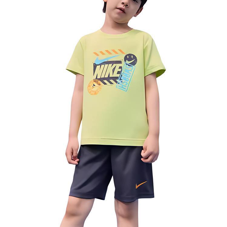 Nike Футболка с круглым вырезом и коротким рукавом, логотипом и принтом в виде буквы, прямые шорты, повседневный спортивный комплект, детские комплекты FQ0541-015