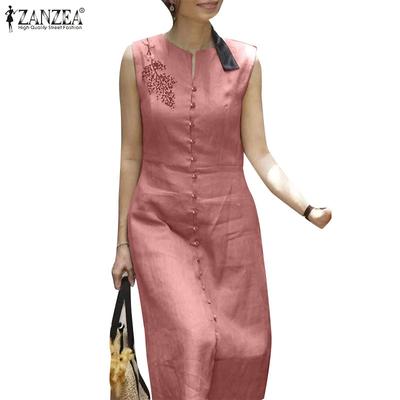 Повседневное женское летнее платье без рукавов с цветочной вышивкой и круглым вырезом