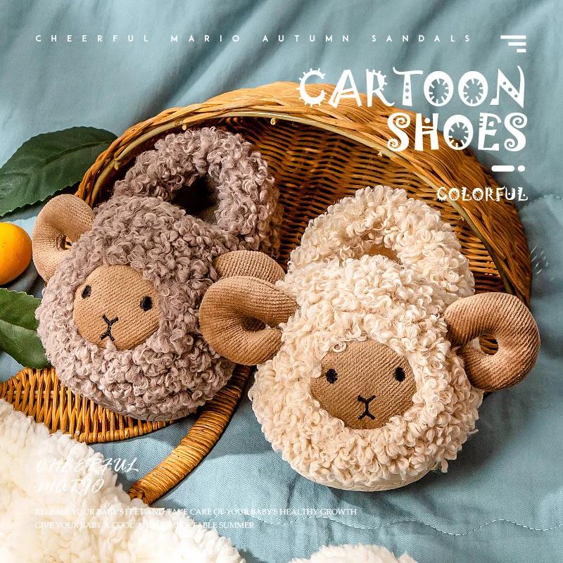 Fashion Children Cartoon Sheep Cute Shoes Soft Autumn Winter Warm Boys Girls Baby Plush Fur Non-slip Slipper Heel Wrap Home Flat Shoes