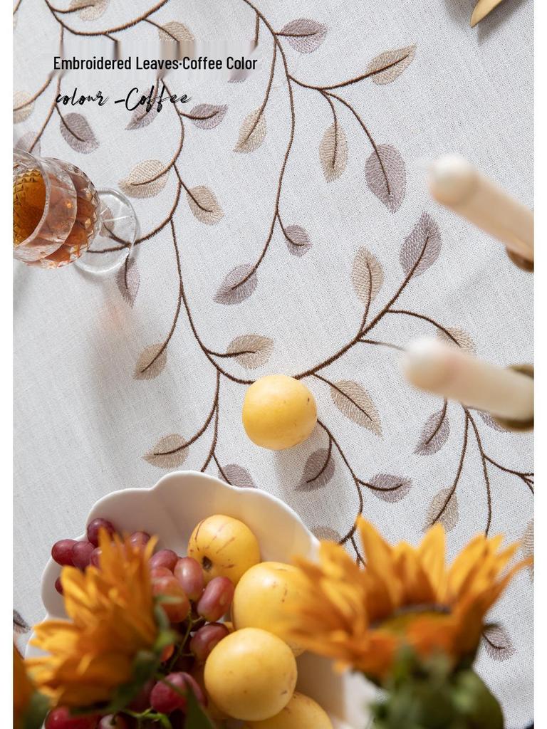 Jiexin European Style Embroidered Tablecloth - Coffee Leaves Design for Home Decor