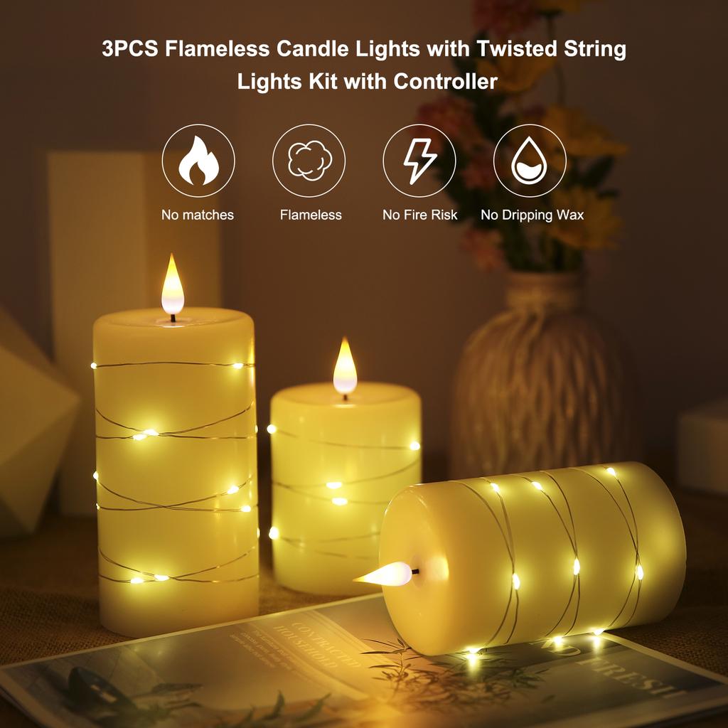 3PCS Flameless Candle Lights with Twisted String Lights Kit with Controller Realistic LEDs Candles Warm White Lighting Candle Dynamic Flickering