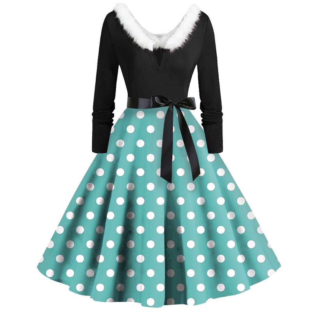 Women's Casual And Fashionable Long Sleeved V-neck Polka Dot Print Matching Zipper Dress