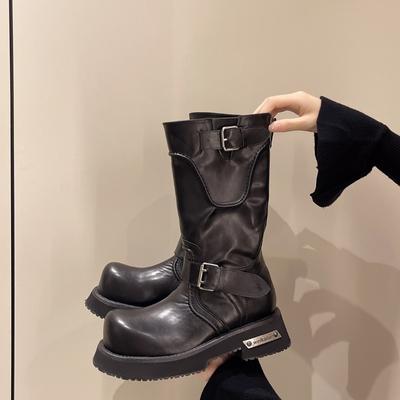 Винтажные байкерские ботинки - Унисекс стиль с пряжкой  До середины икры  Байкерские ботинки с массивным носком