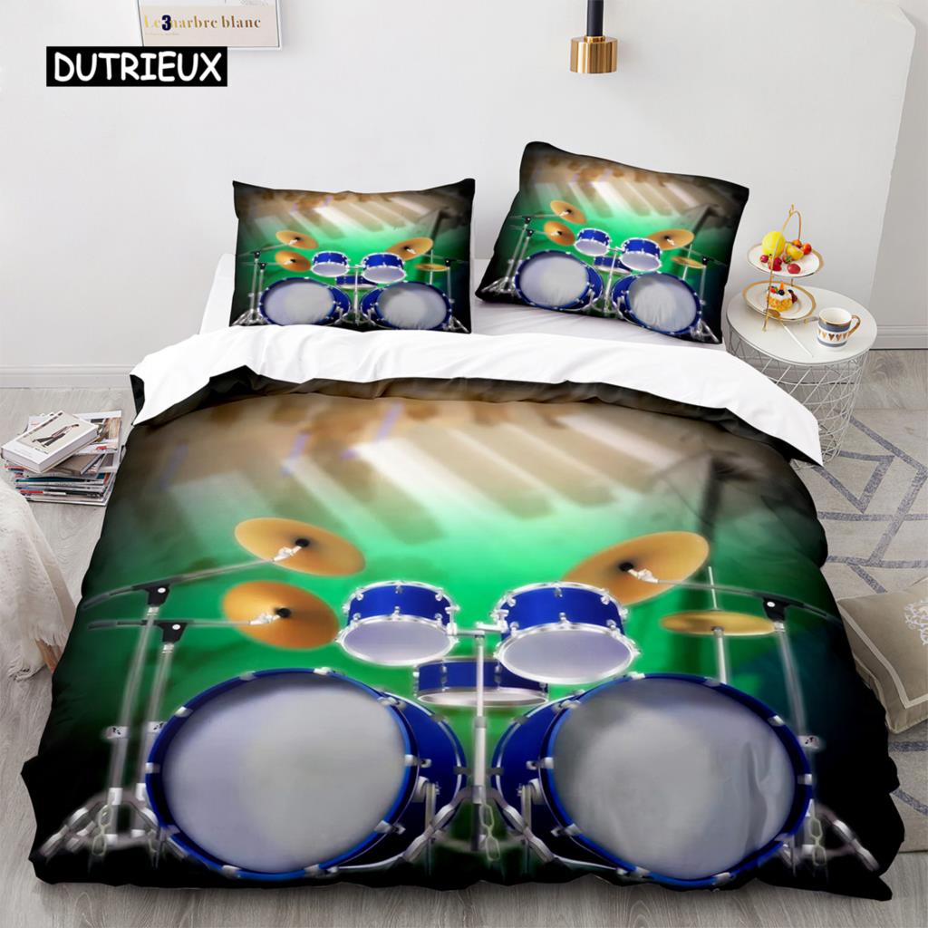 Drum Kit Duvet Cover Set Classical Music Comforter Cover Musical Instrument Lightning Pattern Quilt Cover for Kids Boys Teens