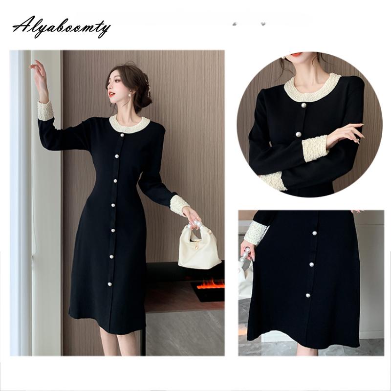 Осенне-зимнее женское черное платье-свитер с круглым вырезом, великолепное вязаное платье с бисером, роскошное праздничное трикотажное платье с нежным жемчугом