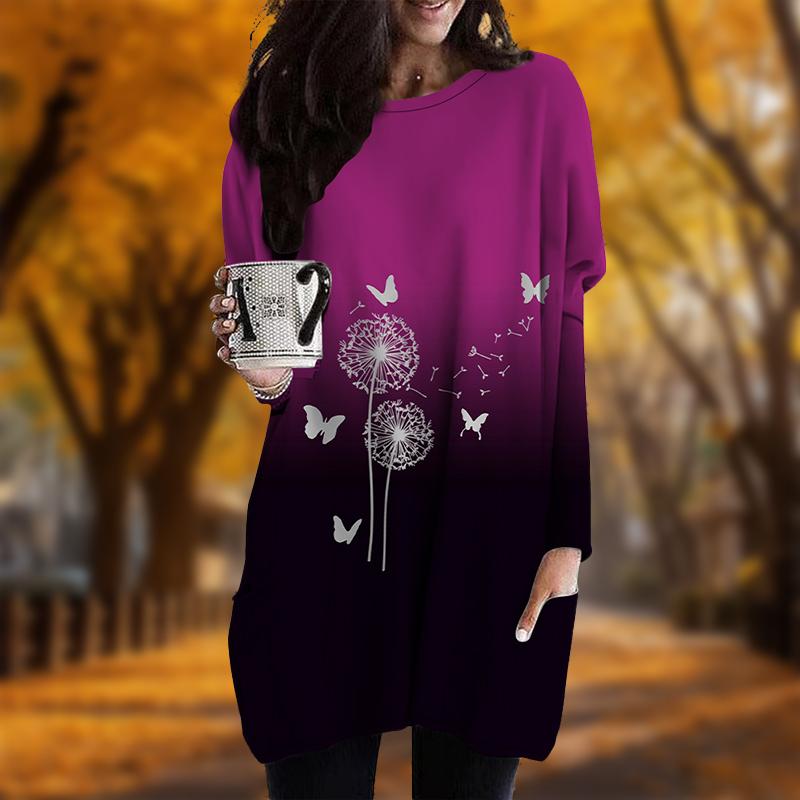 Новинка осени с принтом бабочек и одуванчиков. Платье больших размеров для женщин с круглым вырезом и длинными рукавами. Повседневные платья с карманами.