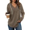 2026 Womens Solid Color V-Neck Long Sleeve Drawstring Hoodie Loose Fit Pullover Casual Top
