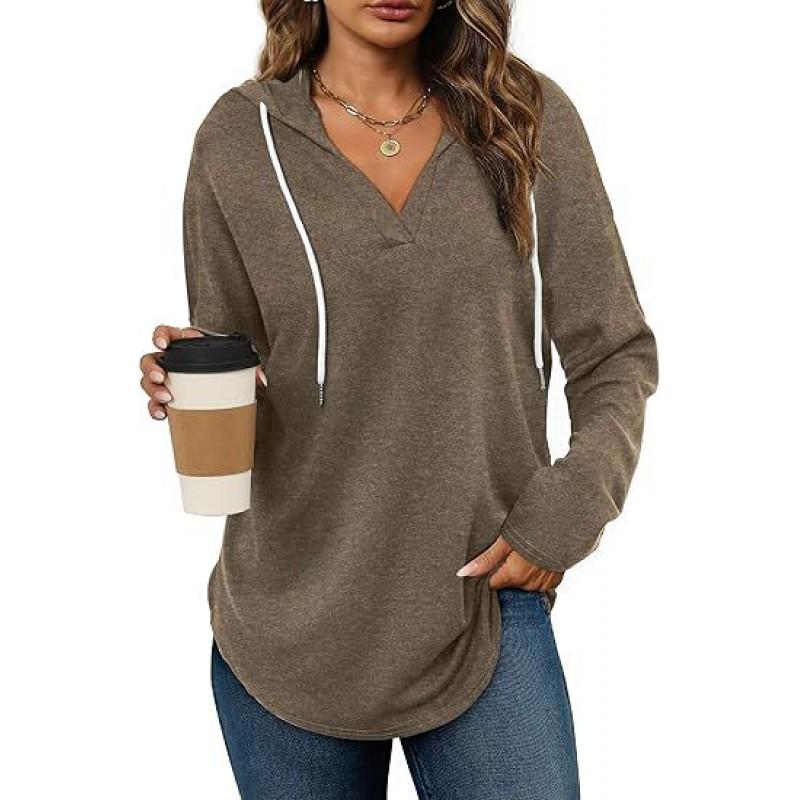 2026 Womens Solid Color V-Neck Long Sleeve Drawstring Hoodie Loose Fit Pullover Casual Top