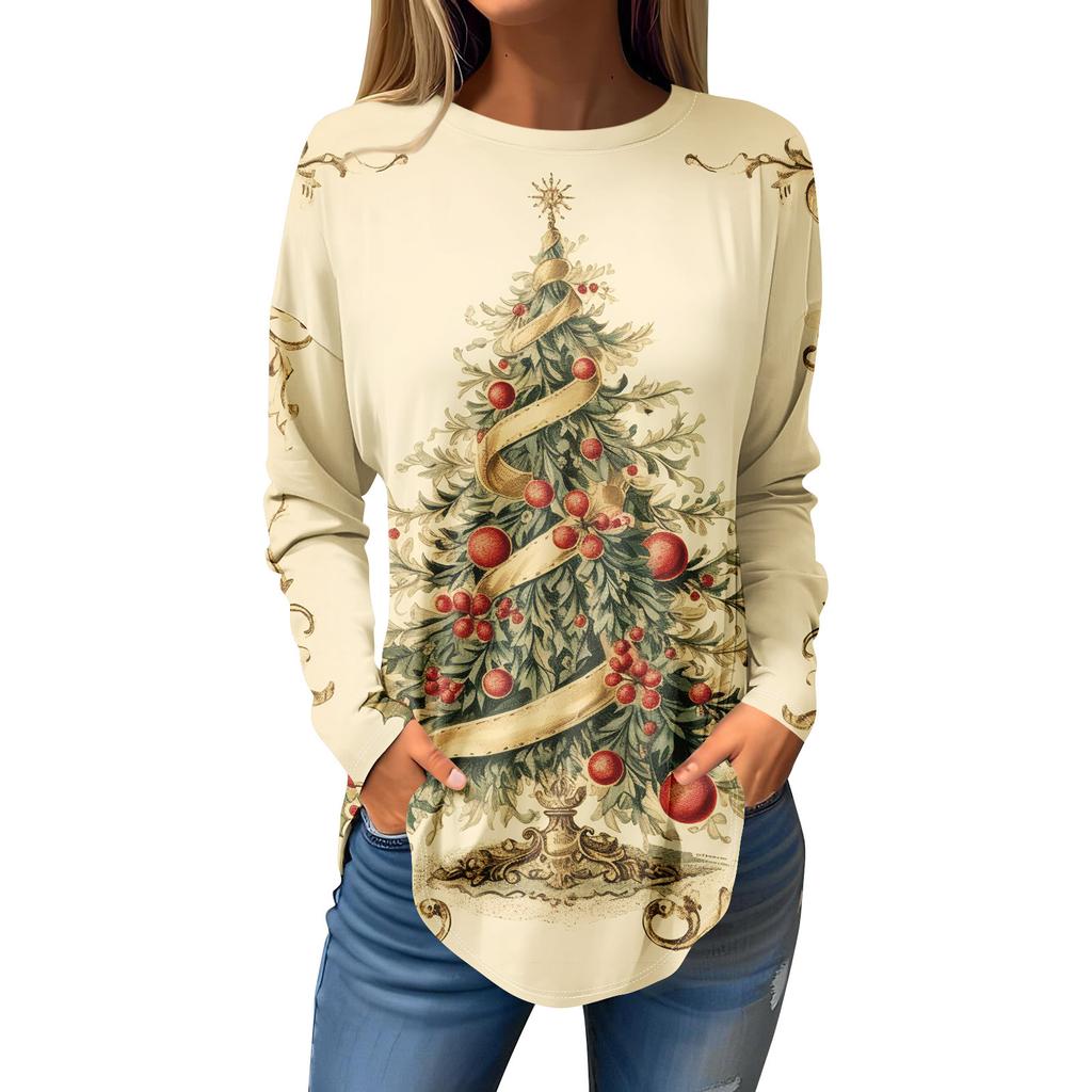 Футболки для женщин, осенние повседневные рубашки с длинными рукавами, толстовка с ретро-принтом, топ для рождественской вечеринки, пуловер