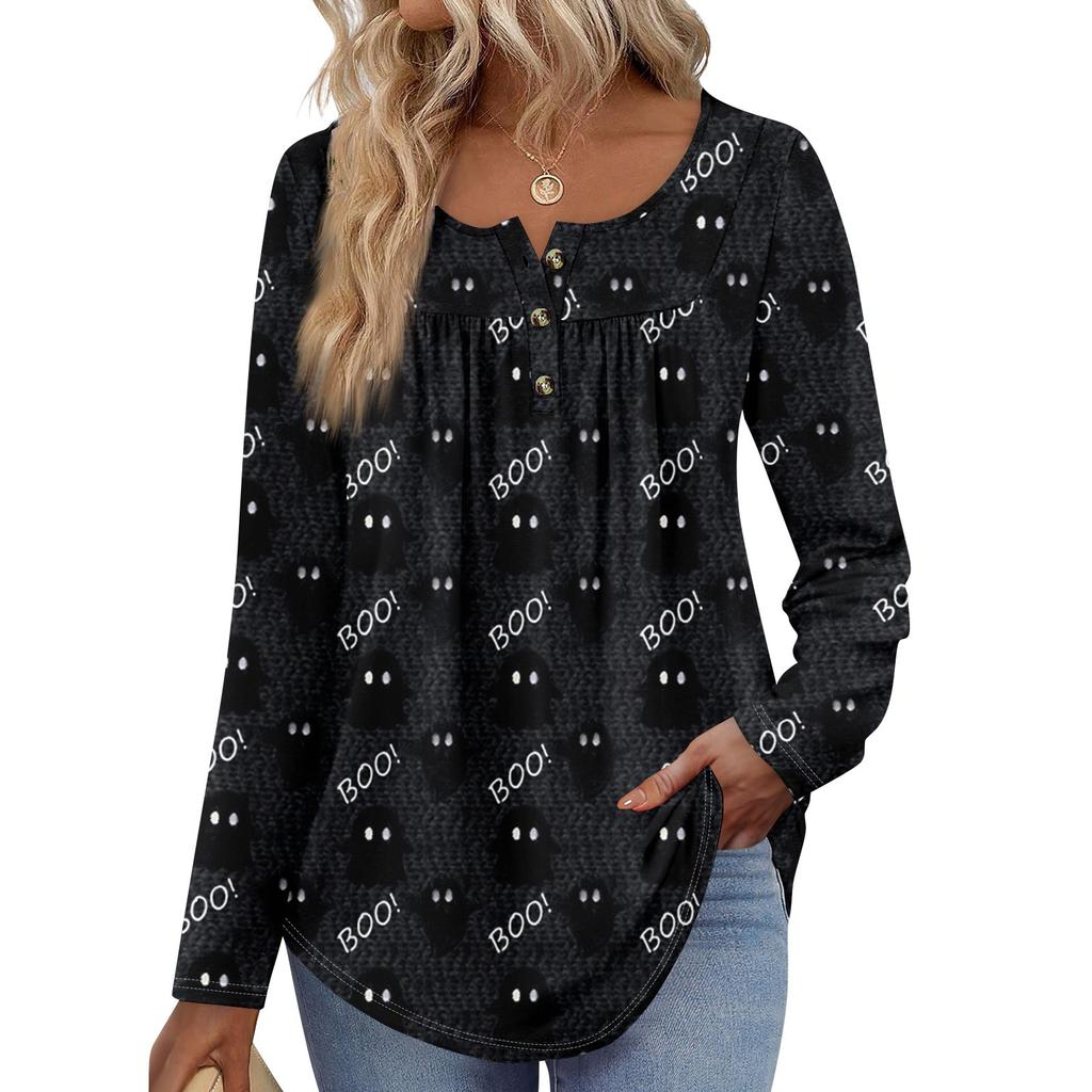 Женская туника с длинным рукавом, свободные топы, повседневные топы оверсайз, плиссированная туника, застегивающаяся на пуговицы, повседневные женские топы с принтом