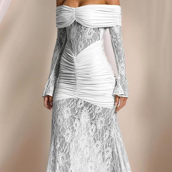 Женское платье макси с открытыми плечами и длинными рукавами, из прозрачной сетки с цветочным кружевом, с драпировкой, облегающее фигуру, сексуальное