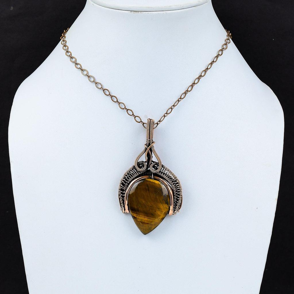 Tiger Eye Gemstone Handmade Pure Copper Wire Wrapped Pendant Jewelry For Women