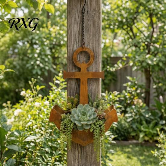 Retro Iron Flower Pot Holder Rustic Metal Anchors Hanging Planter, Nautical Wall Plant Holder, Coastal Style Distressed Fence Planter Succulents