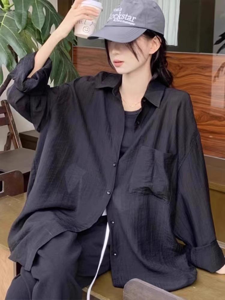 Женская свободная летняя рубашка-кардиган из хлопка и льна с защитой от солнца - Белая, с длинным рукавом