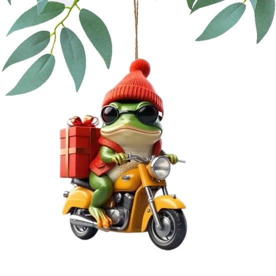 Christmas Frog Ornament Cartoon Frog with Santa Hat Riding Motorcycle Acrylic Pendant Xmas Tree Hanging Decoration for Tree Window Car Decor