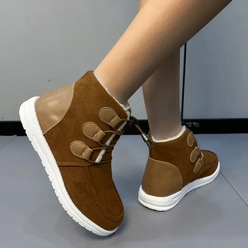 2024 Осень Зима Удобные и Элегантные Женские Ботинки Круглый Носок Плоские Ботильоны Платформа Повседневная Шнуровка Модная Женская Обувь