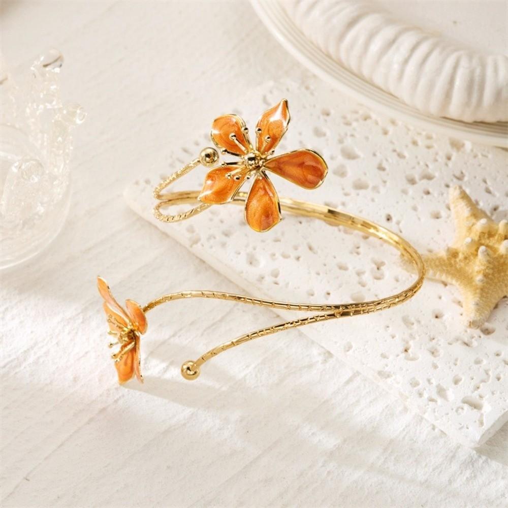 Vintage Style Enamel Flower Cuff Armlet Gold Color Open Arm Ring Special Occasion