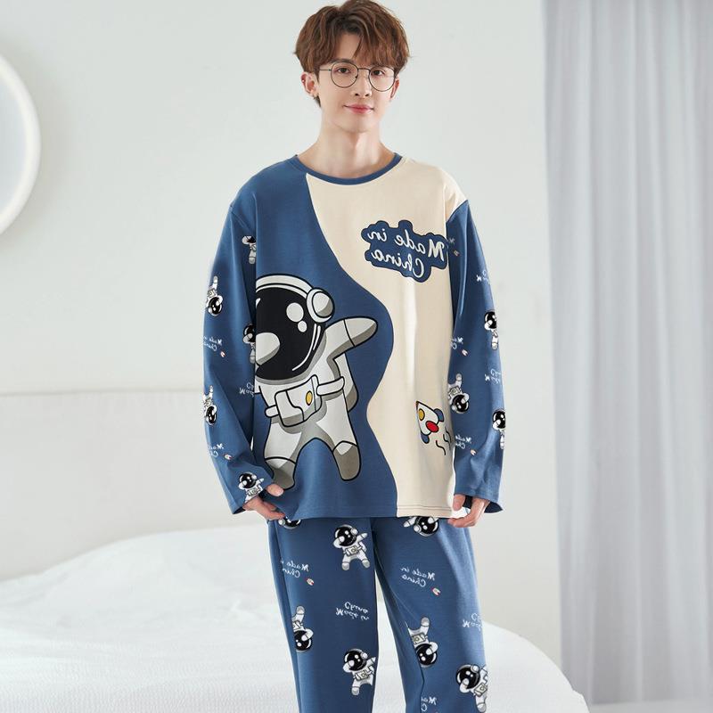 Весна и осень мужская пижама прическа подростковая с длинными рукавами свободная повседневная пижама домашняя одежда студенческий костюм большого размера