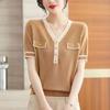 Женская летняя мода с V-образным вырезом Tencel Top Clashing Ice Silk Knit Футболка с коротким рукавом