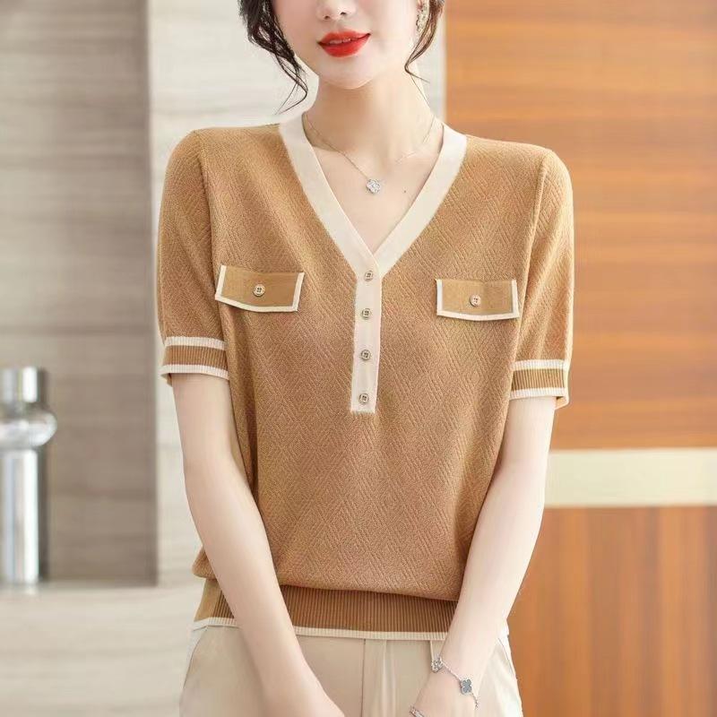 Женская летняя мода с V-образным вырезом Tencel Top Clashing Ice Silk Knit Футболка с коротким рукавом