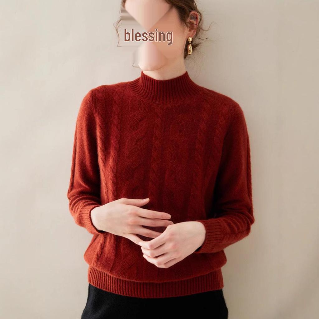 Женский кашемировый пуловер кабельной вязки - Полувысокий воротник, Длинный рукав, Однотонный, Теплый и повседневный базовый слой