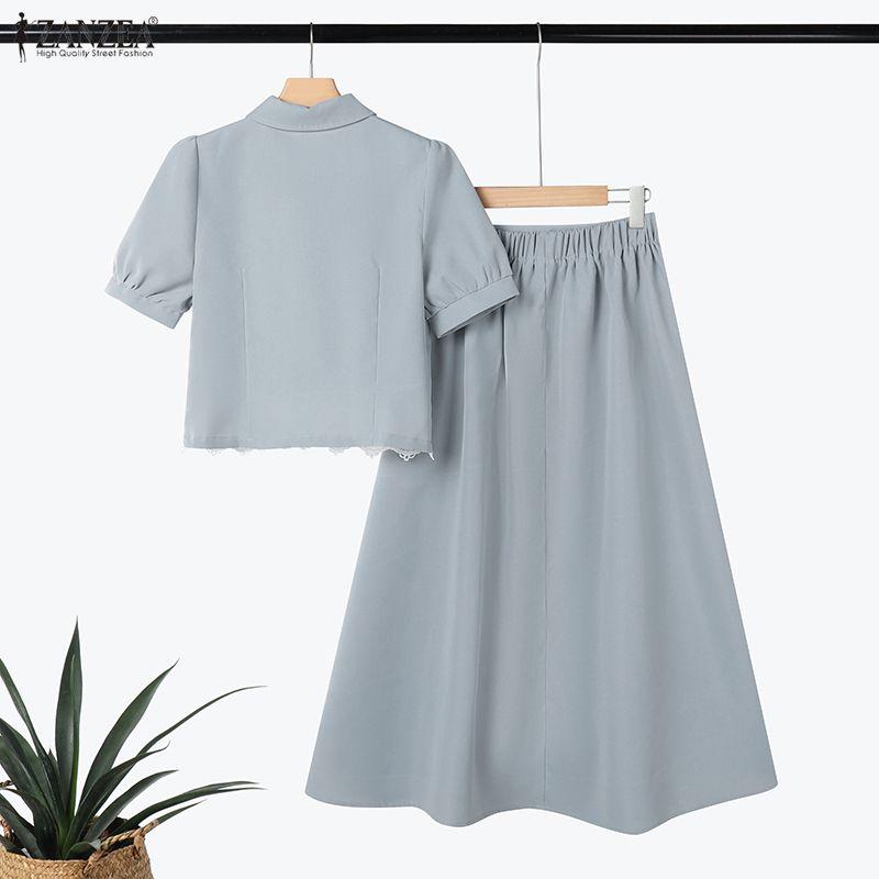 ZANZEA Женские летние комплекты из двух частей: блузка с коротким рукавом и длинные юбки