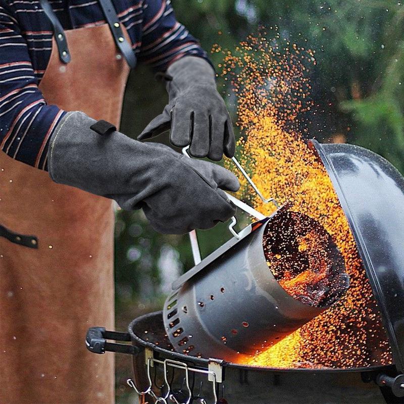 Барбекю перчатки из коровьей кожи: Термостойкий, Огнеупорный, Длинный стиль для кемпинга, пикников и сварки (Защита 500℃)