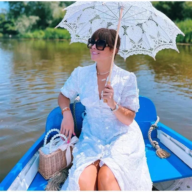 Белое печатное однобортное платье с разрезом для женщин, модные платья с V-образным вырезом и коротким рукавом, летние женские платья для отдыха на пляже