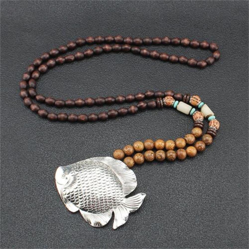 Boho Party Handmade Lucky Gift Buddhist Horn Fish Pendant Mala Wood Bead Nepal Necklace