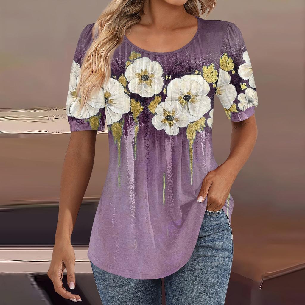 Женские пышные туники с короткими рукавами, топы, плиссированные блузки с воротником, повседневные свободные весенне-летние футболки