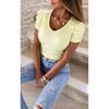 2025 Весна Лето Женская футболка V-образный вырез Нитка Повседневная мода Однотонный пуловер Рукав-фонарик Короткий рукав Женская футболка