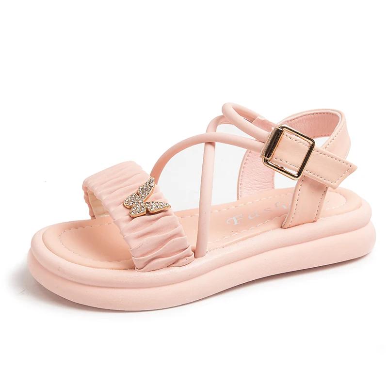 Детские сандалии принцессы со складками для девочек, сандалии со стразами и бабочкой, модная детская летняя пляжная обувь с крестиком, милая