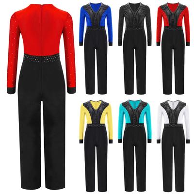 Мальчиковый танцевальный комбинезон с цветным блочным дизайном, V-образным вырезом, длинными рукавами и леотардом на все тело для латиноамериканских выступлений