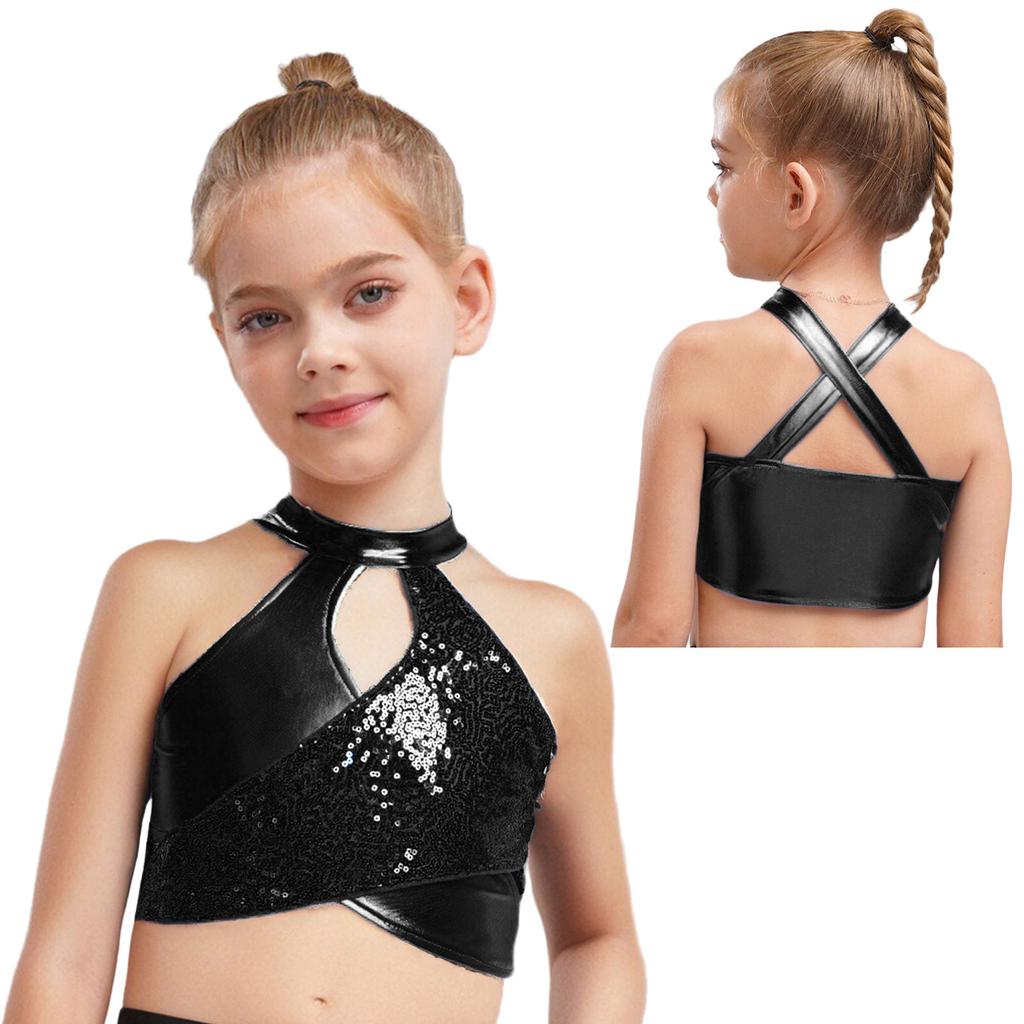 Детская джазовая одежда Блестящие пайетки Металлический кроп-топ с перекрещенным вырезом Костюм для бальных танцев