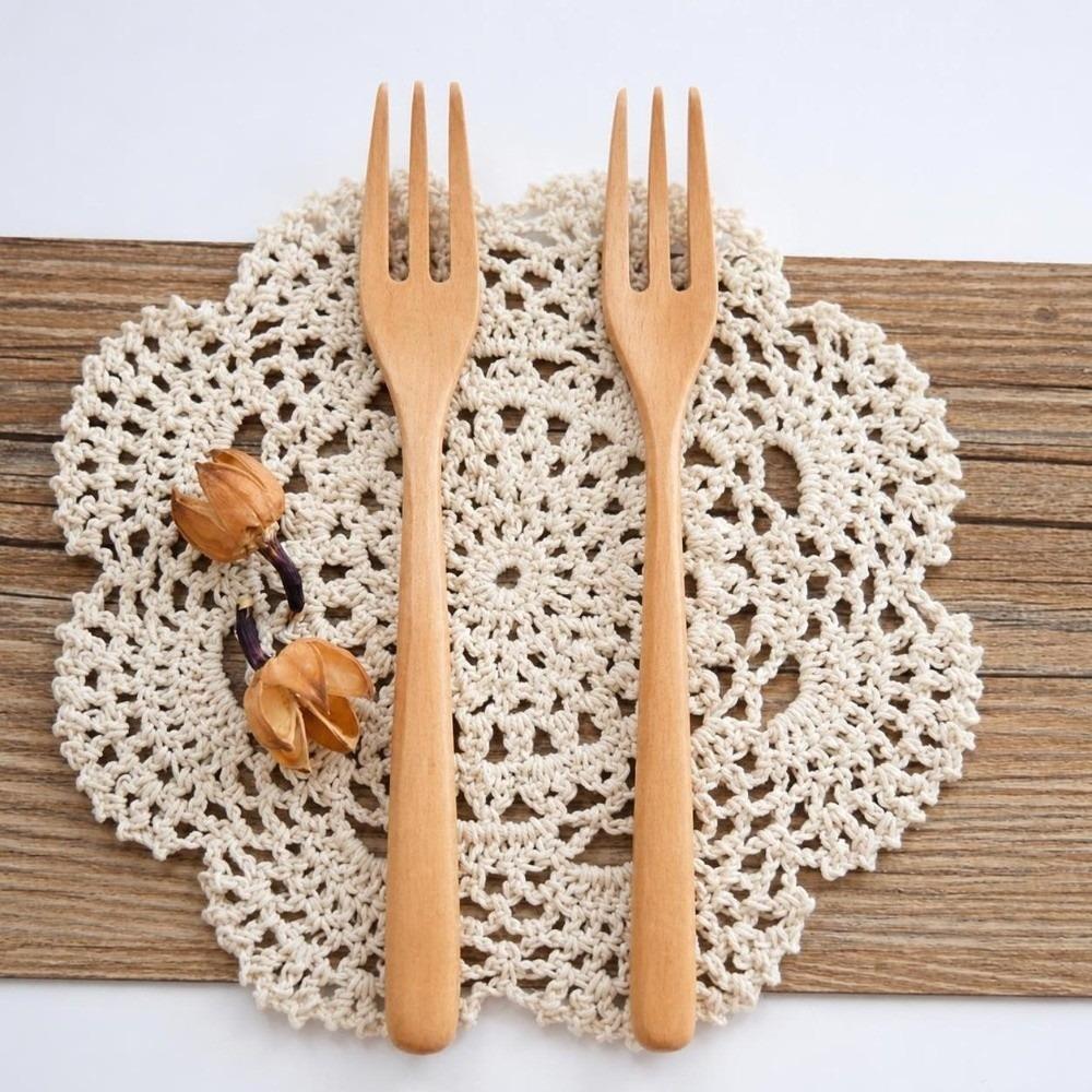 5Pcs Solid Wood Forks Set Wood Dinner Flatware Dining Salad Forks Salad