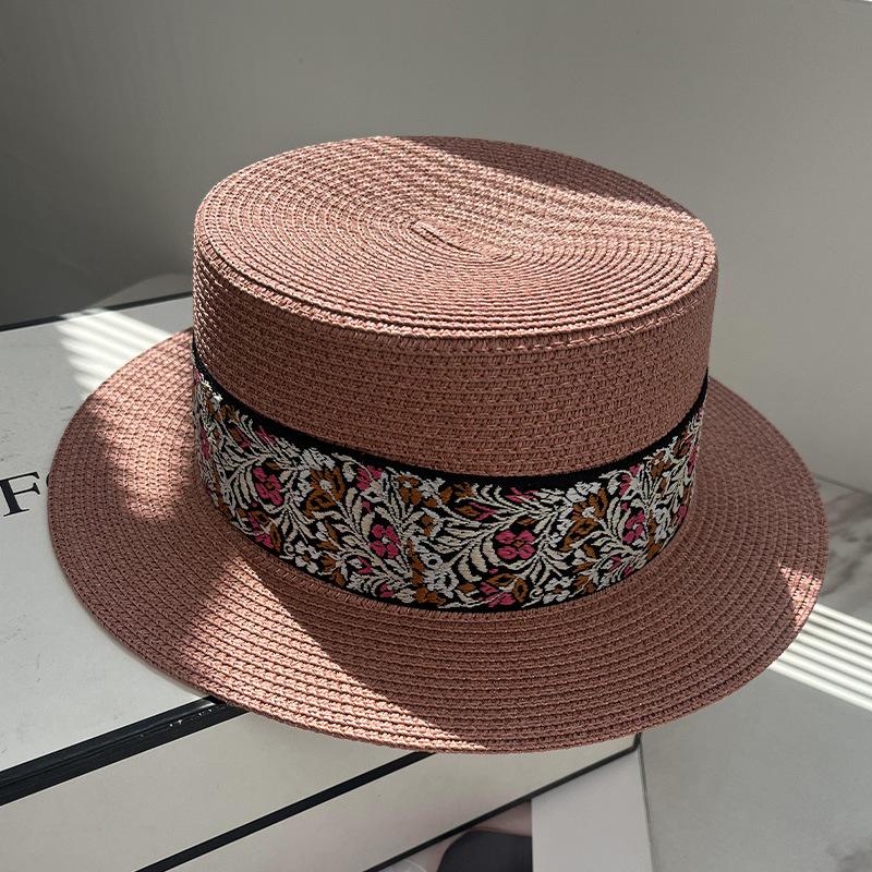 New retro elegant ribbon straw hat female summer big eaves show face small sunscreen hat seaside vacation photo multi-color optional