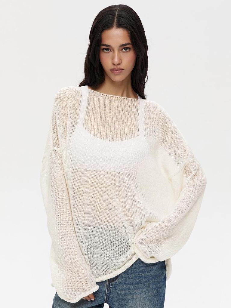 2025 Spring/Summer European-American Hollow Knit Sweater: Women's Thin, Large Round Neck, Trumpet Sleeve T-Shirt